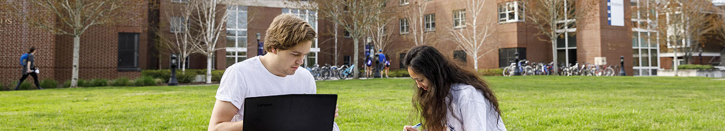Two students sit in the quad and work together on their laptops