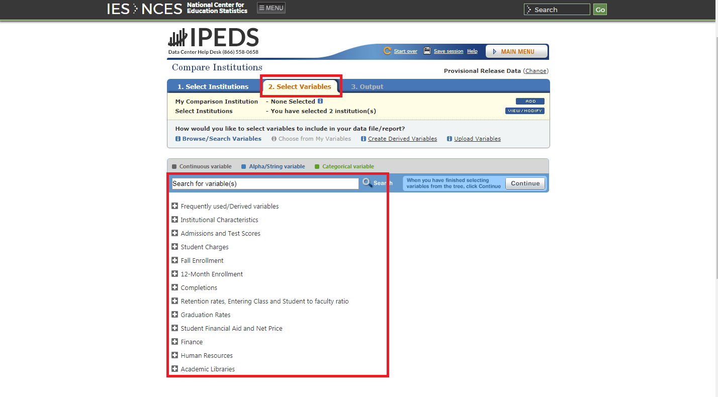 Screenshot of IPEDS interface