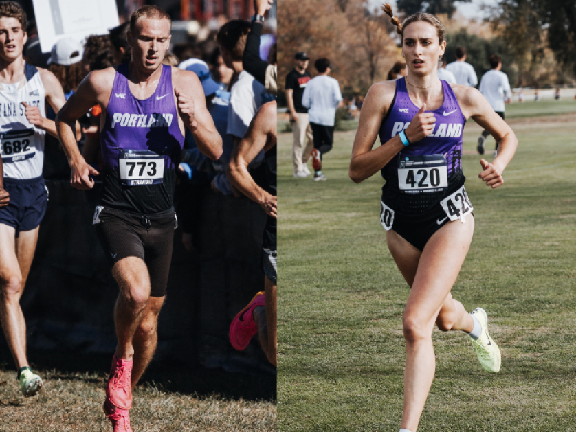 Side by side images of Matt Strangio and Laura Pellicoro mid-run during their cross-country races.