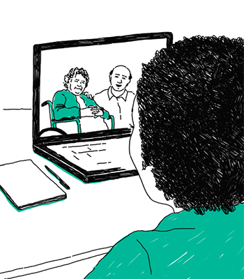 Illustration of nurse speaking to elderly couple over a computer