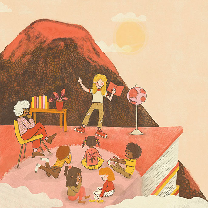 Illustration of kids reading in the clouds