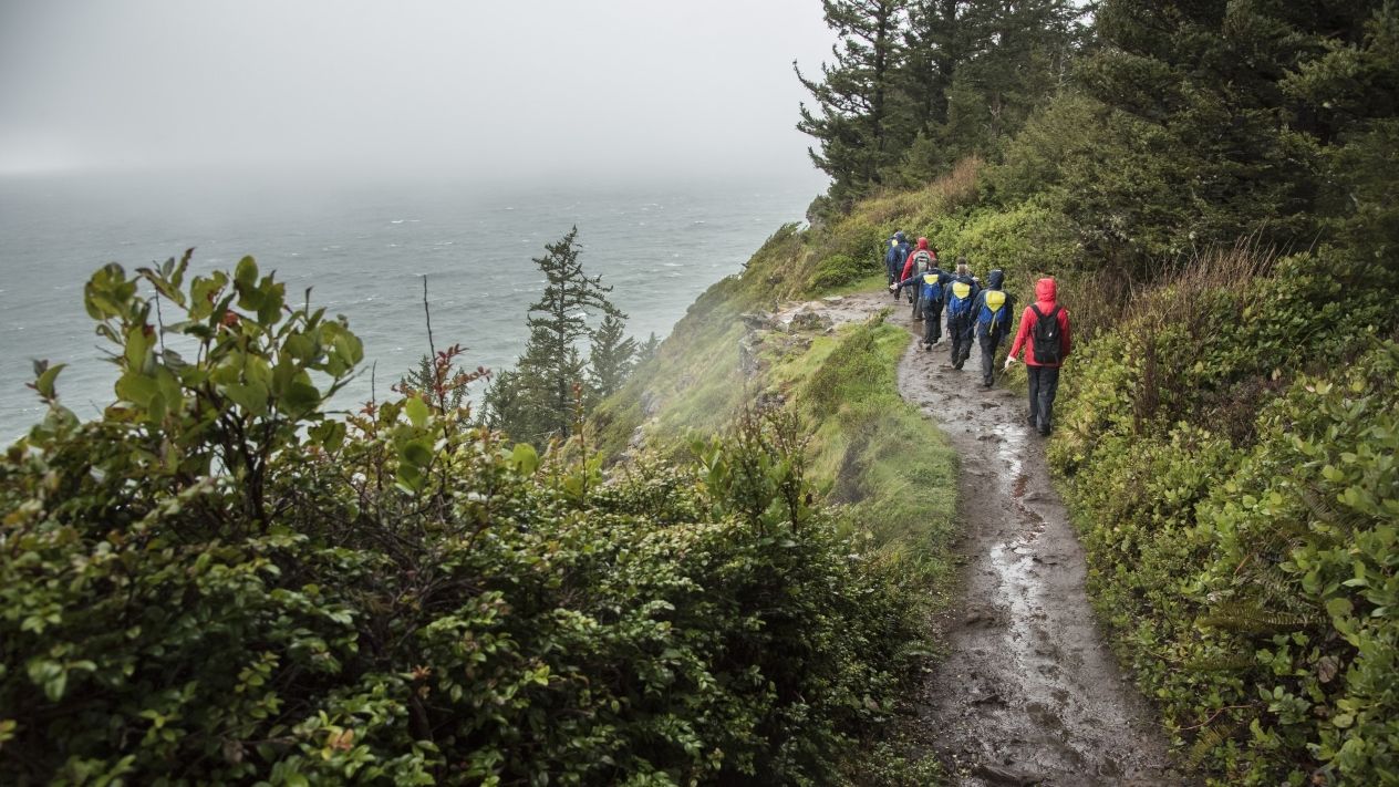 Students clad in rain gear hike along a muddy path that winds along a dramatic coastline in misty weather.