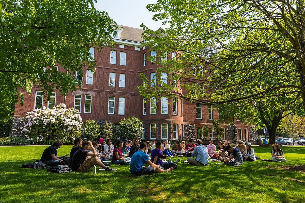 Class on lawn of Waldschmidt Hall