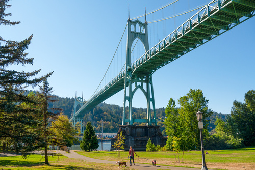The historic St. Johns Bridge in Portland, Oregon, with a person walking a dog on the path below it.