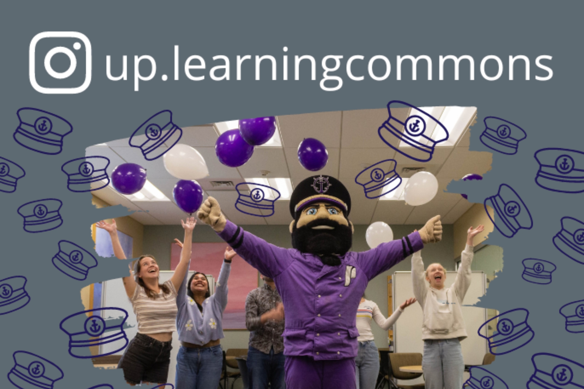  Wally Pilot, the UP mascot, is surrounded by students as they raise theirs arms in celebration. A graphic overlay of captain's hats with the instagram handle of the learning commons is set on the photograph.