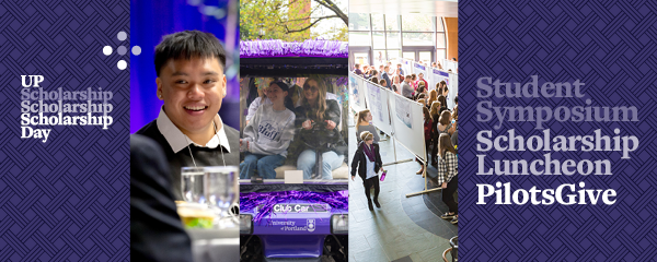 Collage featuring UP Scholarship Day, Student Symposium, Scholarship Luncheon, PilotsGive, and related campus event images.