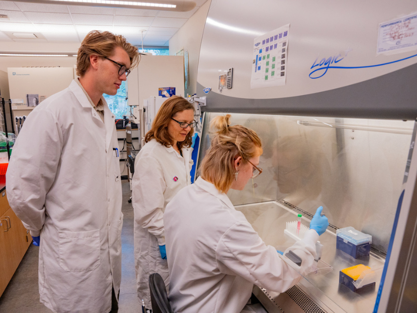 Students work with a professor in a laboratory setting