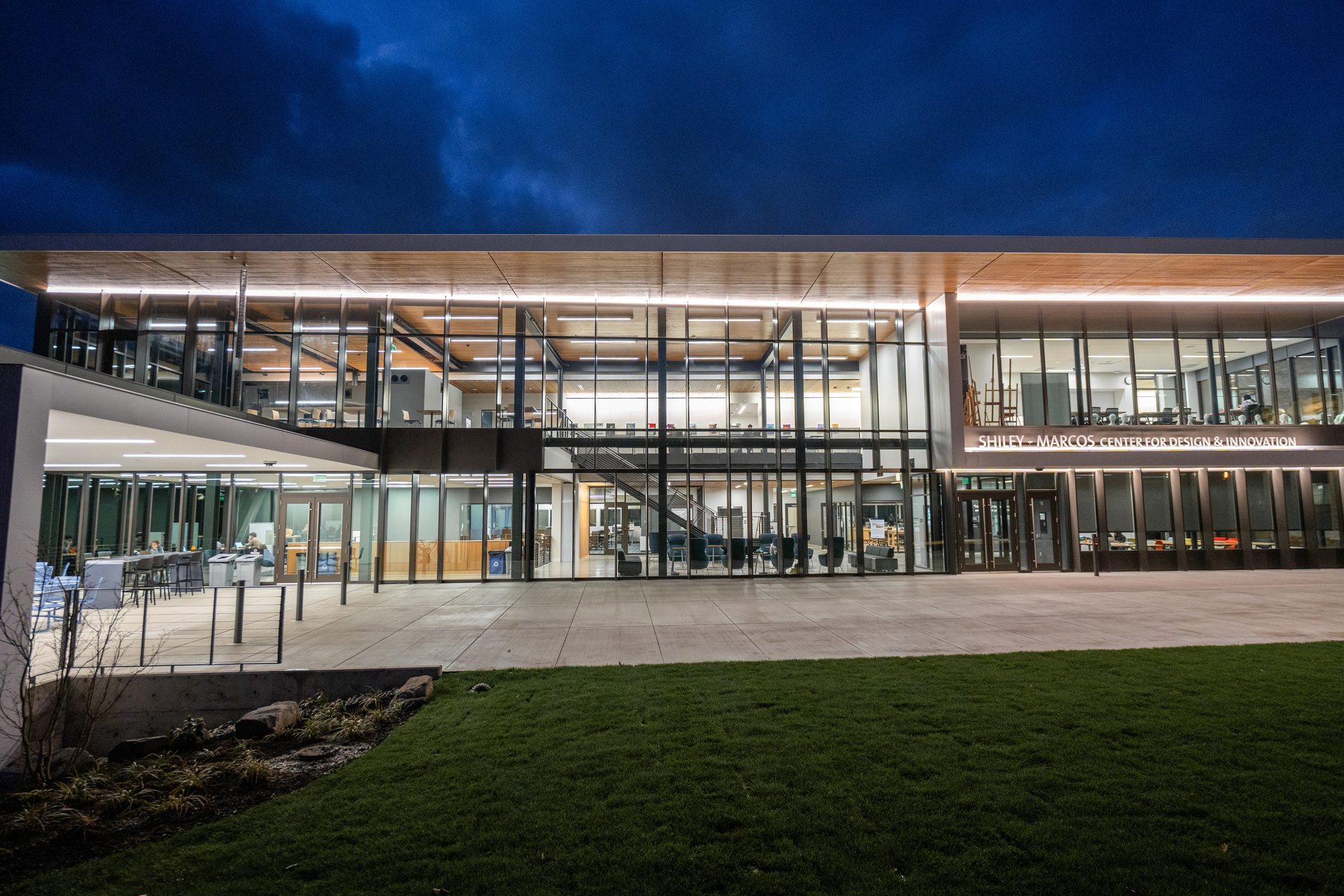 The exterior of the Shiley Marcos Center at night