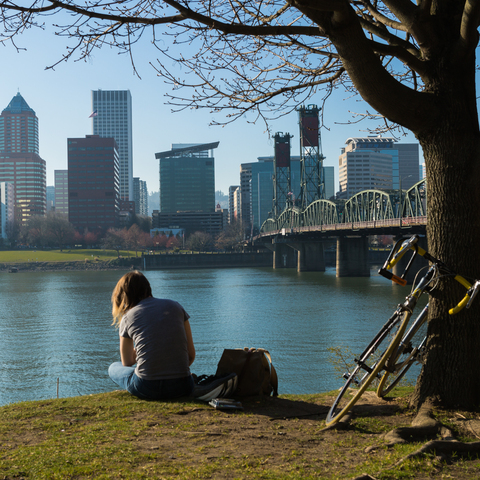 A panoramic view of the Portland skyline with modern buildings, a green steel bridge, and bare tree branches beneath a clear blue sky with a seated student and bicycle in the foreground.