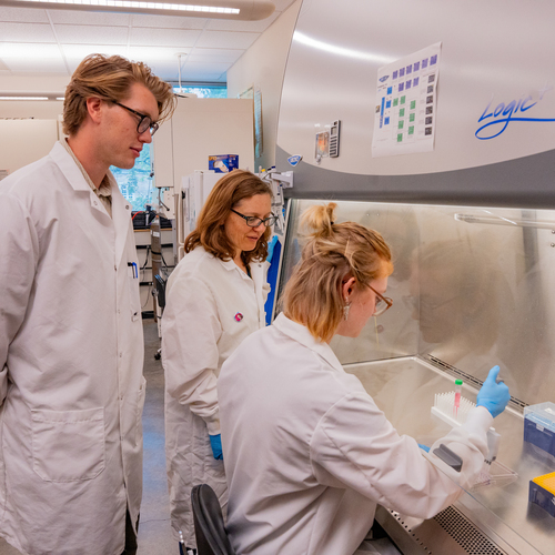 A UP professor and student look on as another seated student uses a pipette in the Biology lab.