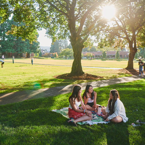 Sunlight filters through large trees onto a grassy campus area, with academic buildings and landscaped greenery in the background. Three students sit on a blanket talking and smiling.