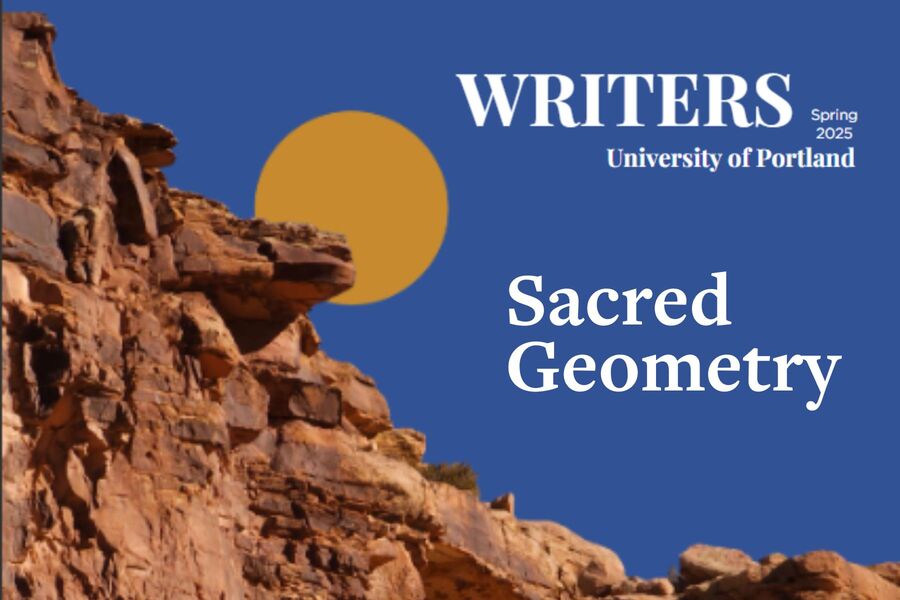 A red rocky outcrop frames the left edge of the image, with a blue sky takes up the majority of the image. A yellow circle and white text are overlaid on the blue sky.