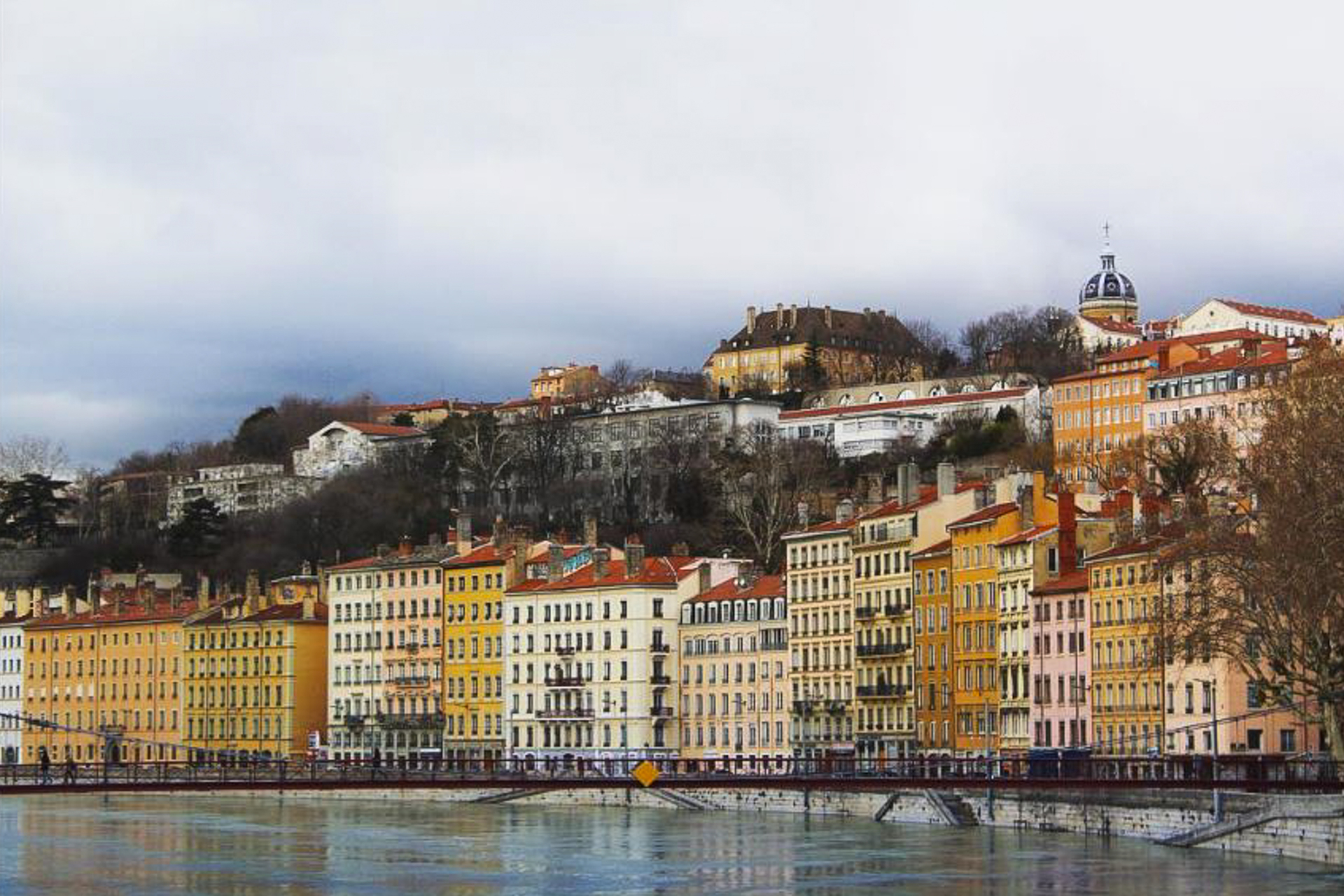 The banks of the River Saone and the buildings along the waterfront in Lyon France. 