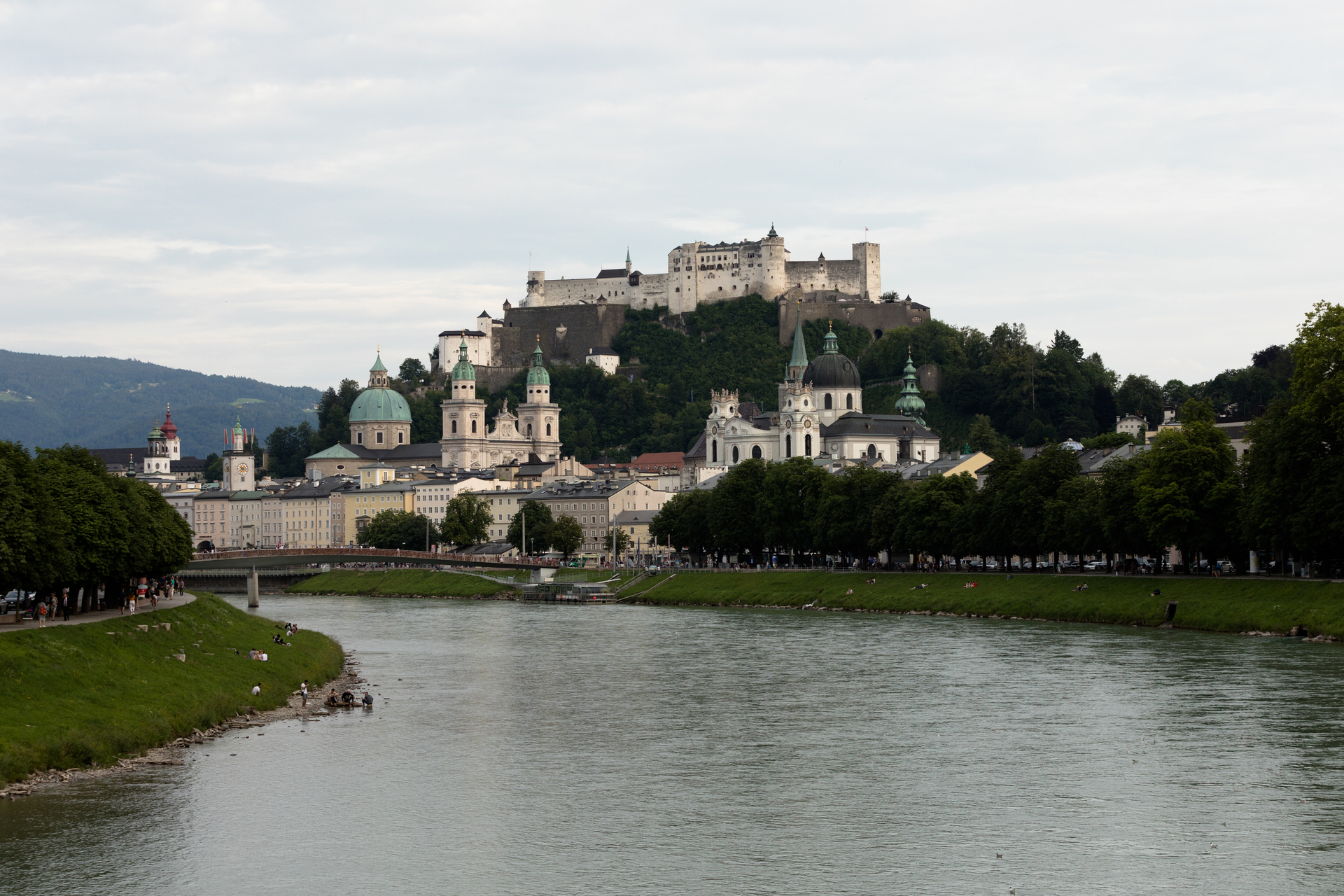 A scenic view of Salzburg Austria seen from the opposite bank of the Salzach river.