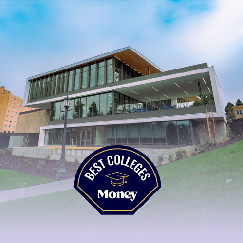 An image of the exterior of the Shiley Marcos Center for Design and Innovation with a logo for Money magazine's best colleges overlaid in the bottom center.