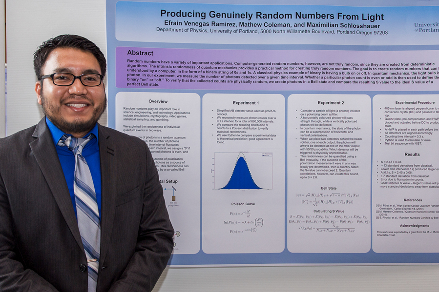A University of Portland student stands beside their research poster outlining a quantum physics experiment, with explanatory text and a formula shown.
