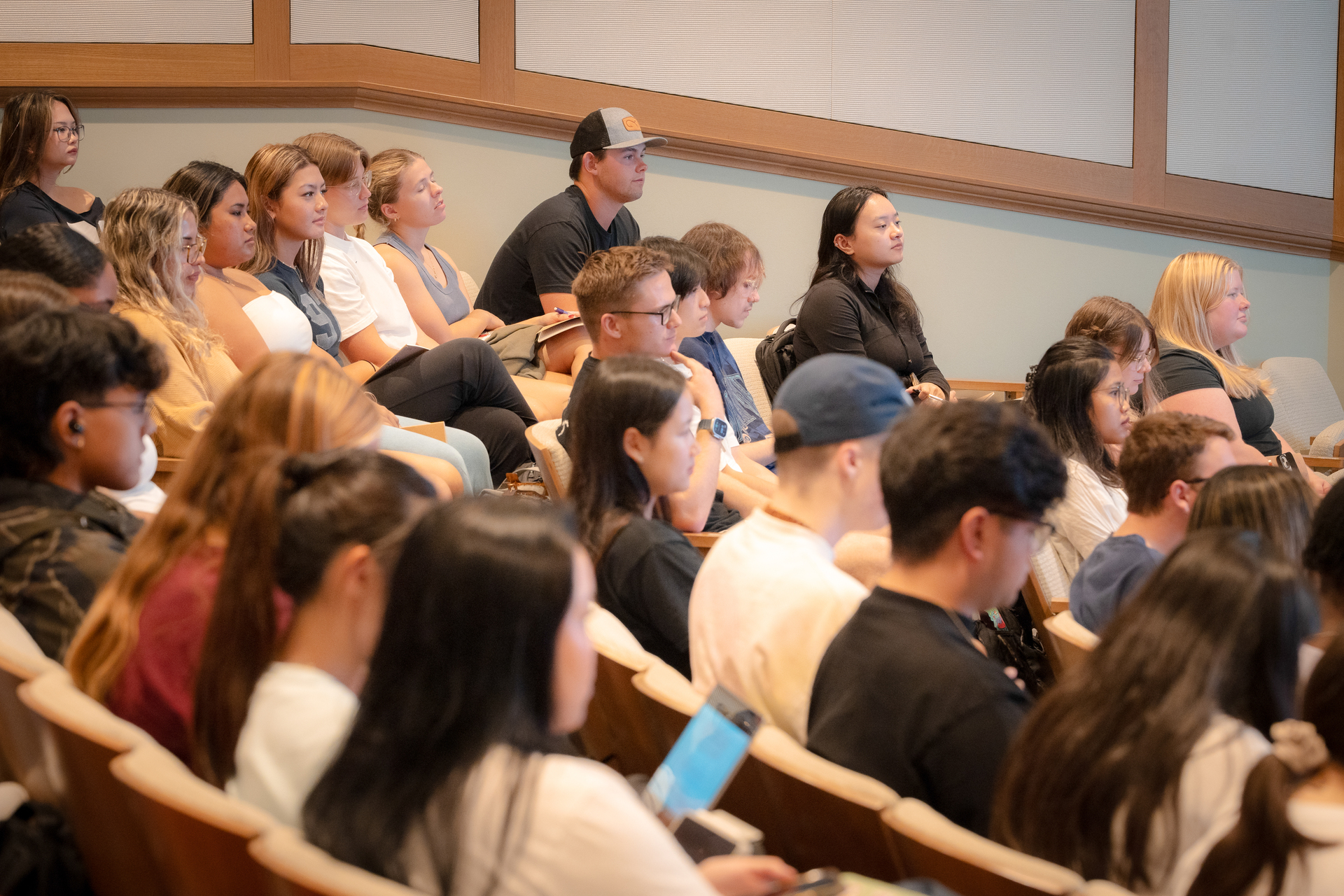Students listening to a Political Science lecture in Dundon-Berchtold Hall at University of Portland.