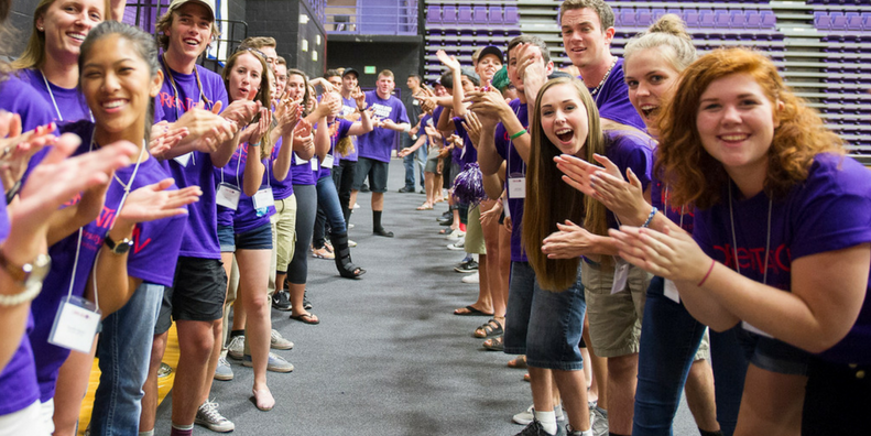 Orientation leaders welcoming new students to the All Aboard program during Orientation Weekend