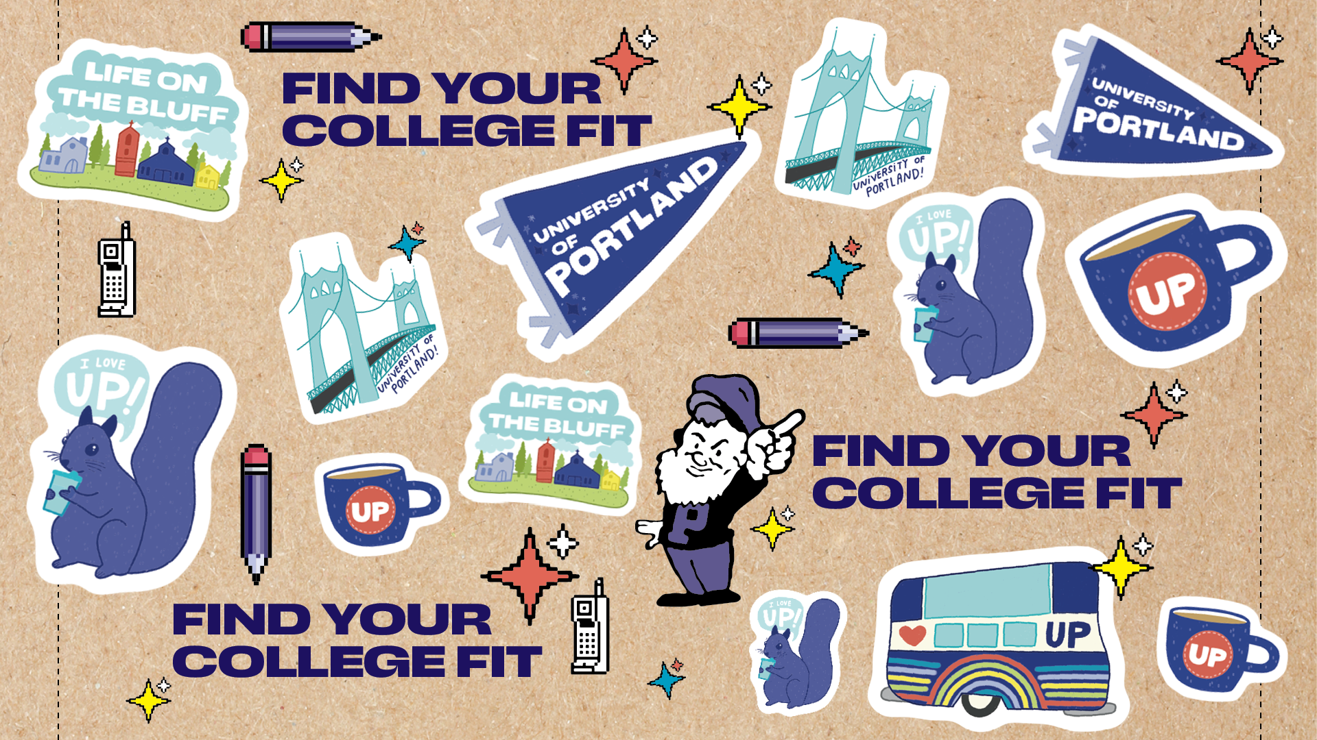 A textured background mimicking a school desk top covered with sticker images and the Find Your College Fit headline