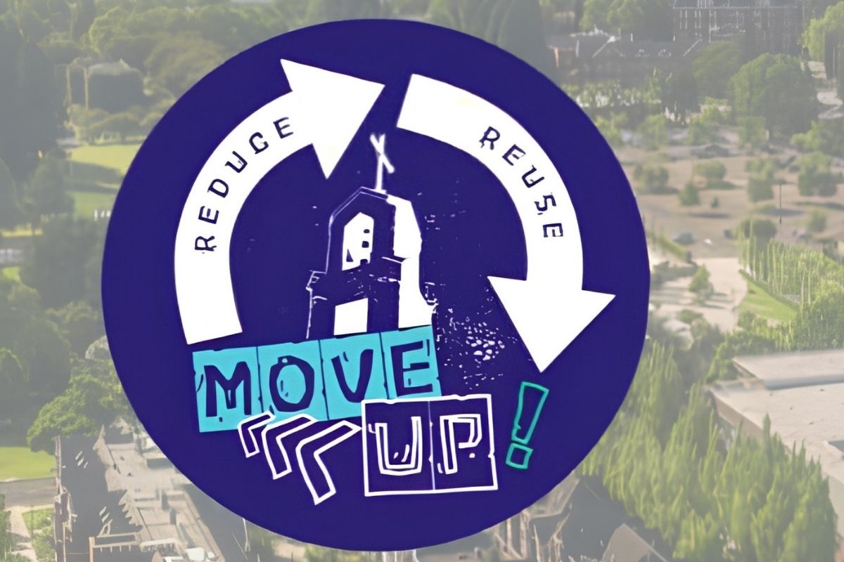 The MoveUP! logo with Reduce and Reuse arrows is displayed over a campus aerial view. Text: Help fellow pilots and our community.