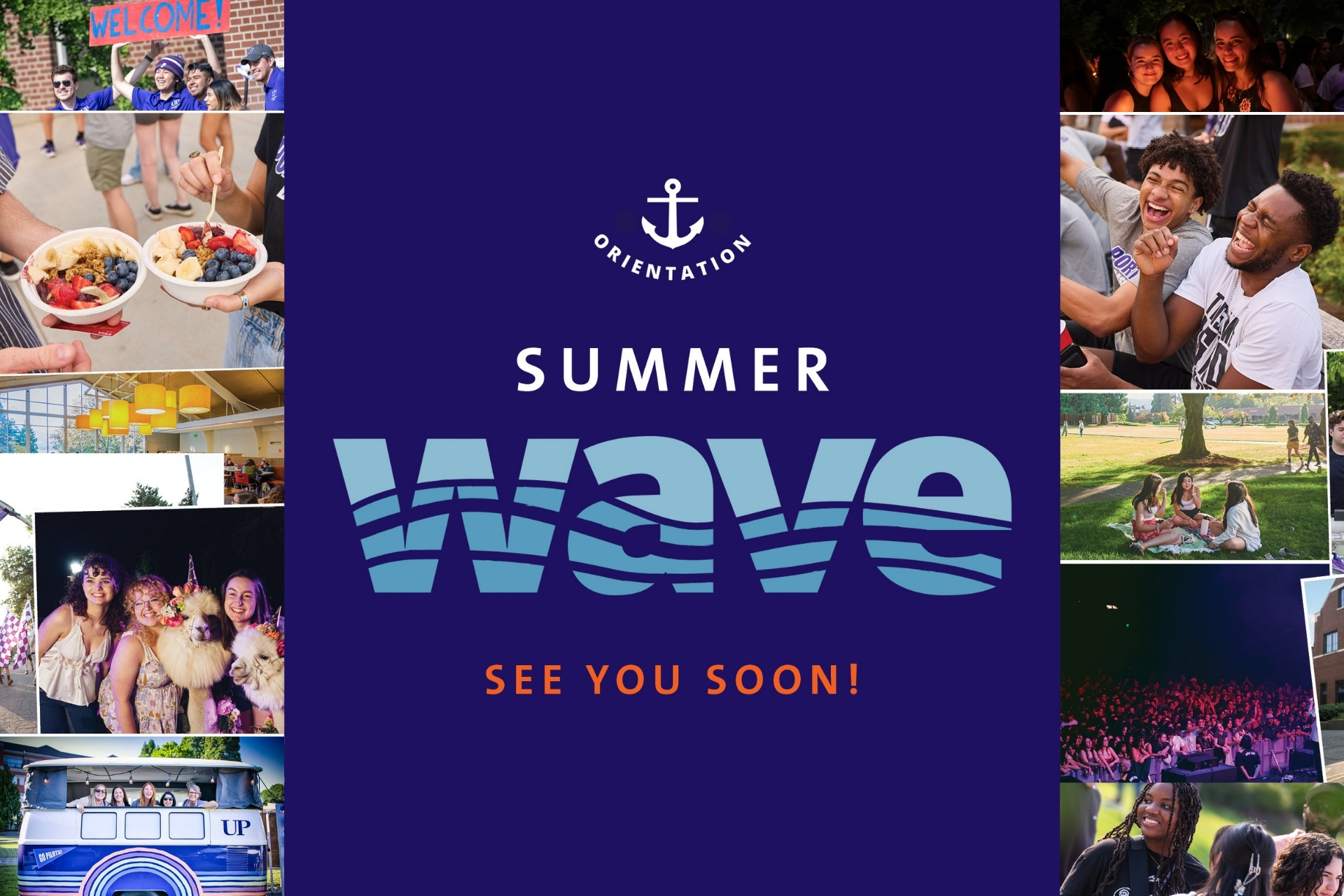 Summer WAVE logo on a Pilot purple background surrounded by images of happy students on campus at summer wave.