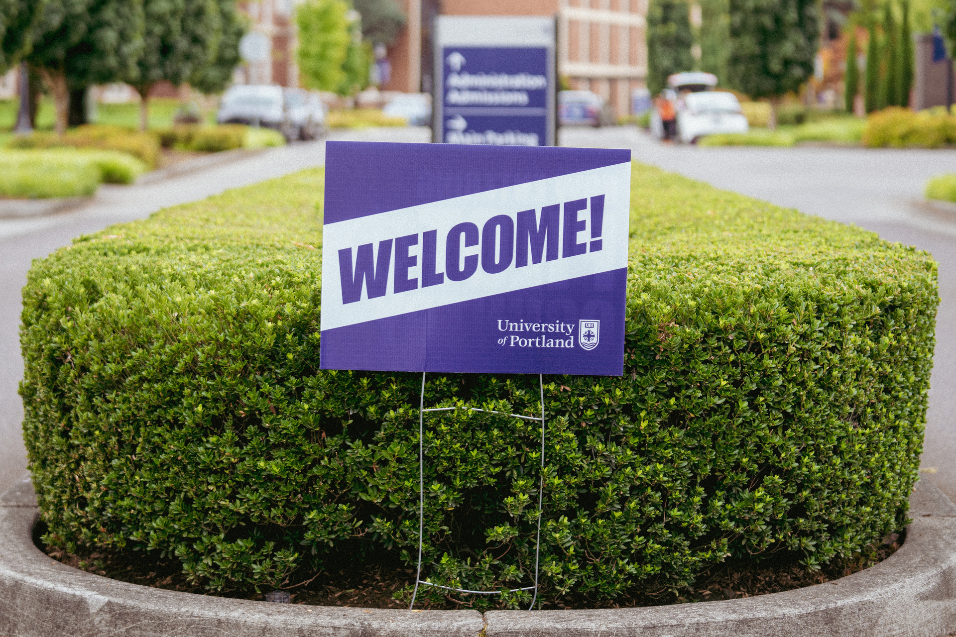 A purple and white University of Portland yard sign that says "Welcome!" at the main campus entrance.