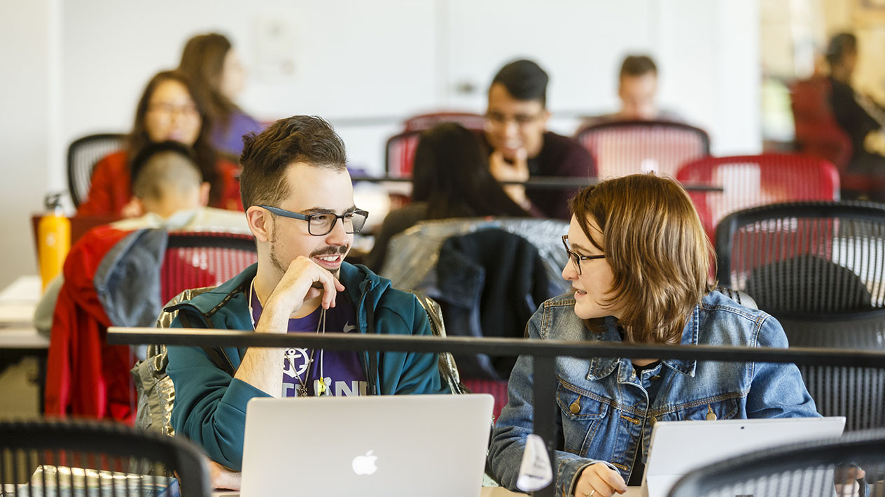 Two UP students discuss a project while working on their laptops