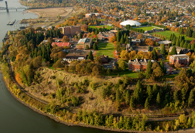 Aerial view of campus and river