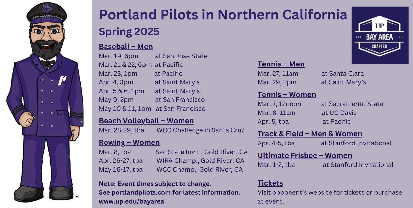List of Spring 2025 Pilots games in the greater Bay Area.