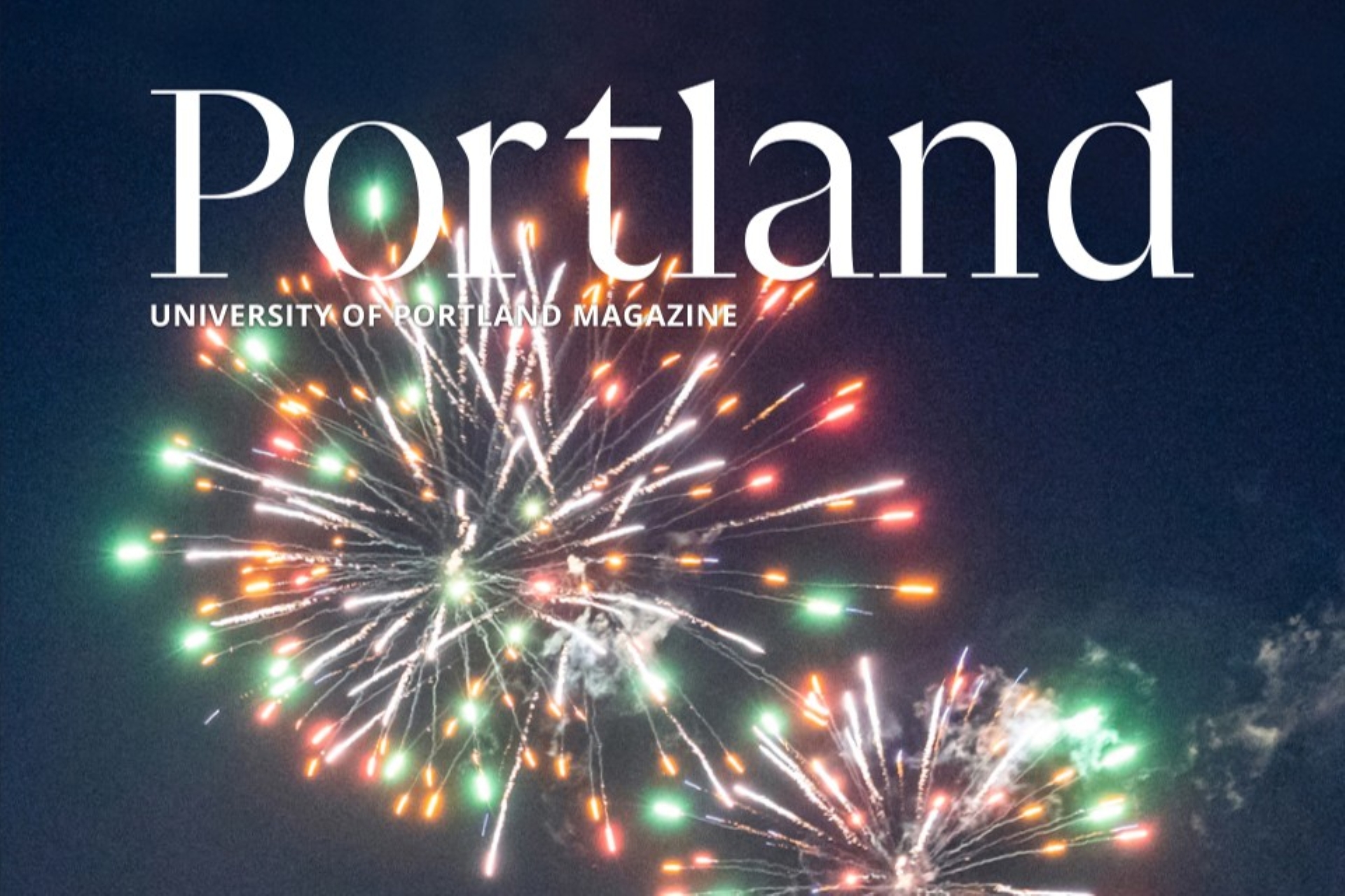 The Summer 2025 cover of Portland magazine featuring an image of fireworks in the night sky over the Willamette river.