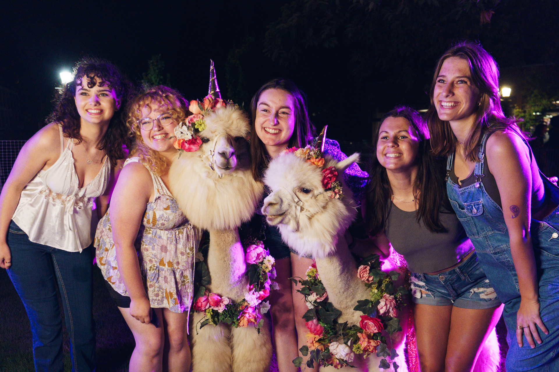 A group of UP student pose for a picture with two alpacas wearing unicorn horns and flower garlands during the Riverboat student event.