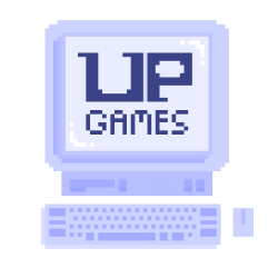 The graphic for UP games, a pixel-type digital image of a computer monitor with a keyboard.