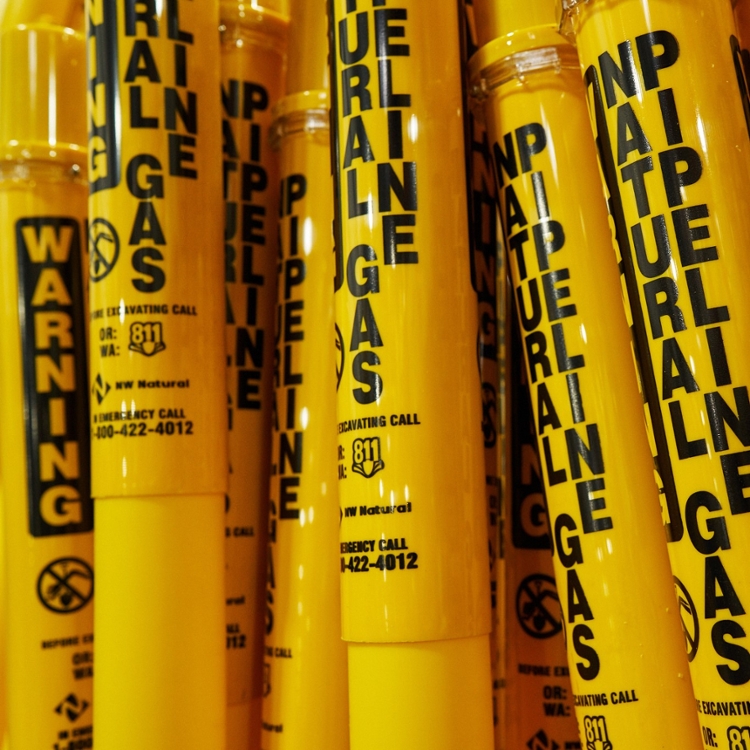 tall yellow pipes with the words warning and natural gas pipeline.