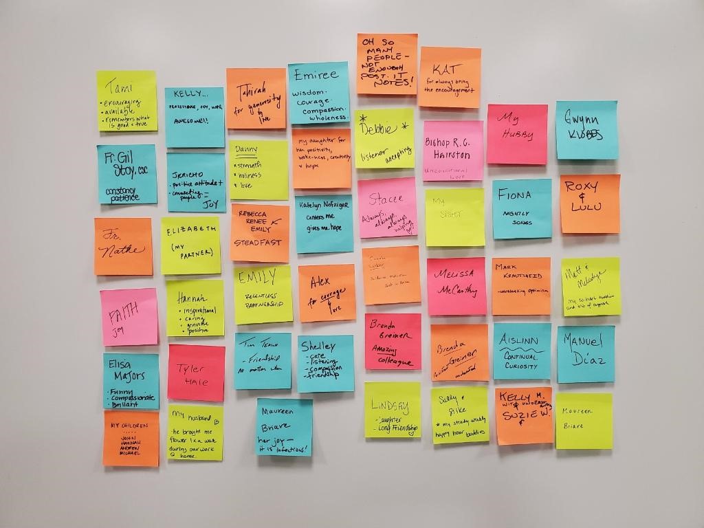 collage of many colored post-it notes on white board