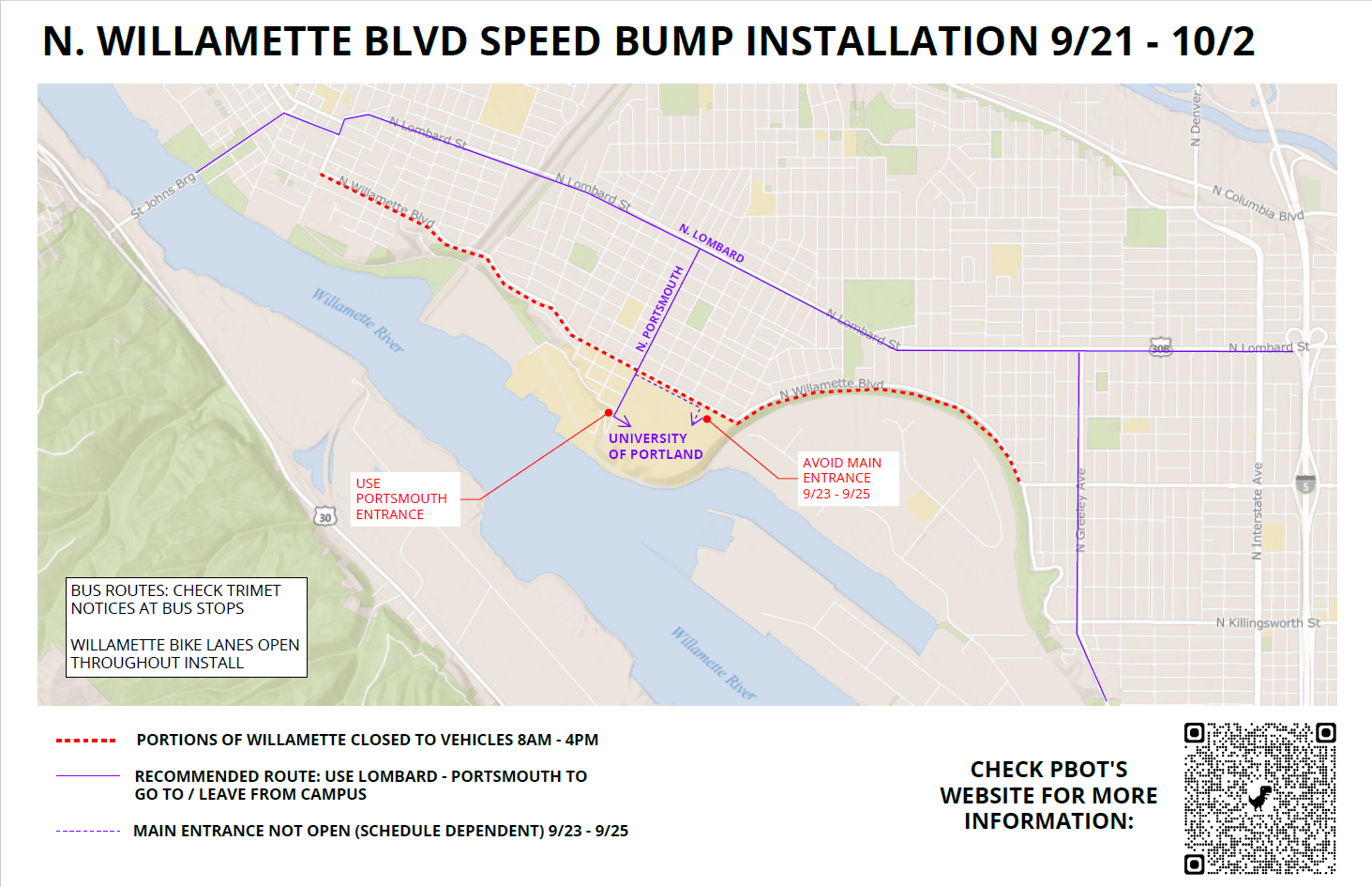 A map of Willamette Blvd detailing the path of planned road construction during the period of September 21 to October 2.