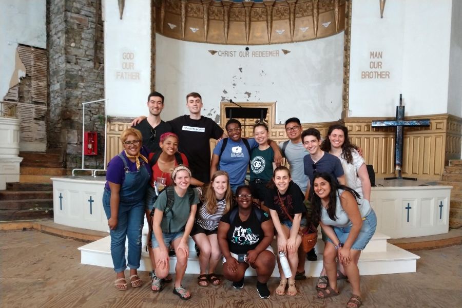 Students in the Clayborn temple in Memphis during a civil rights immersion experience.