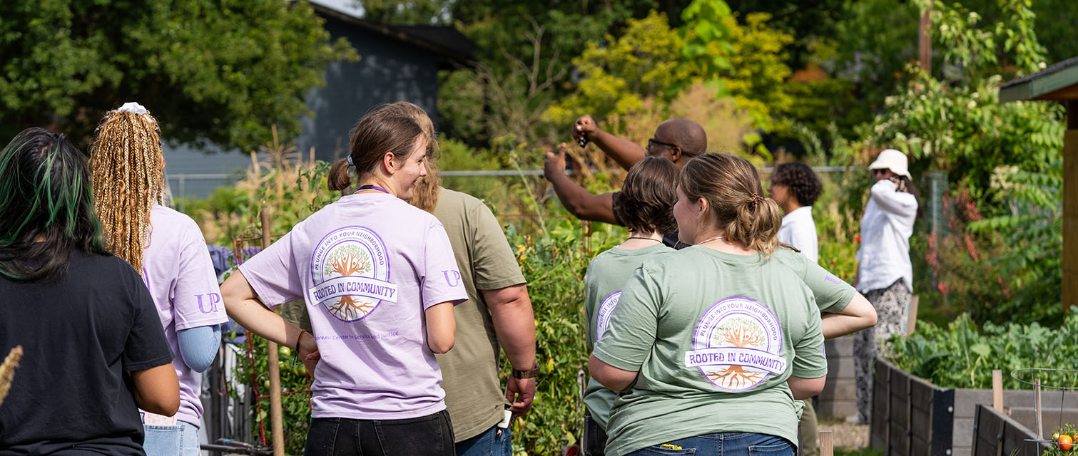 UP students wearing rooted in community shirts do community garden work during plunge into the neighborhood.jpg