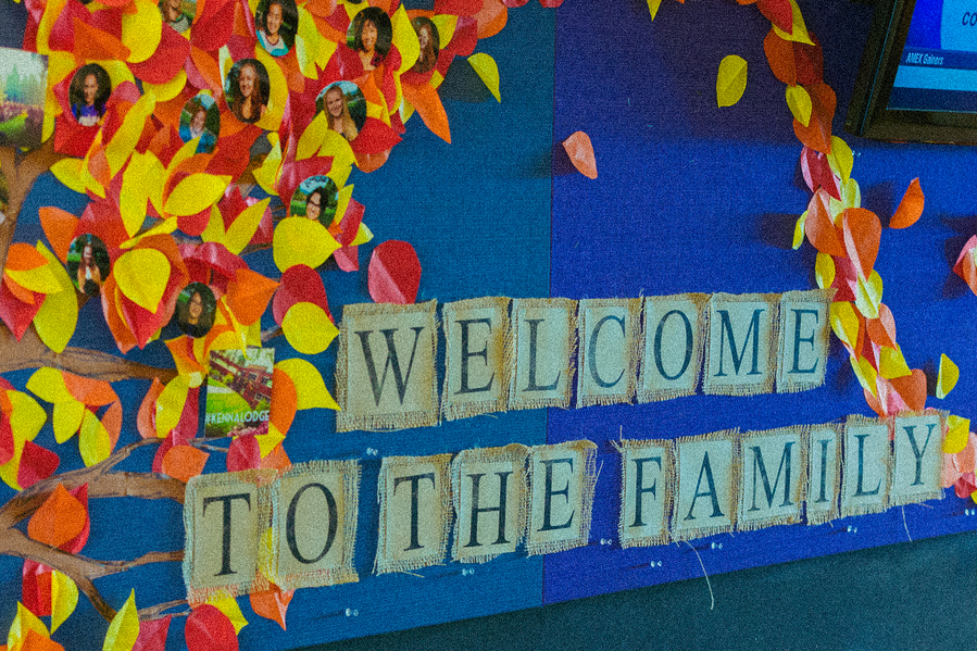 A blue bulletin board with the words "Welcome to the Family" and a tree with photos of students on the leaves.
