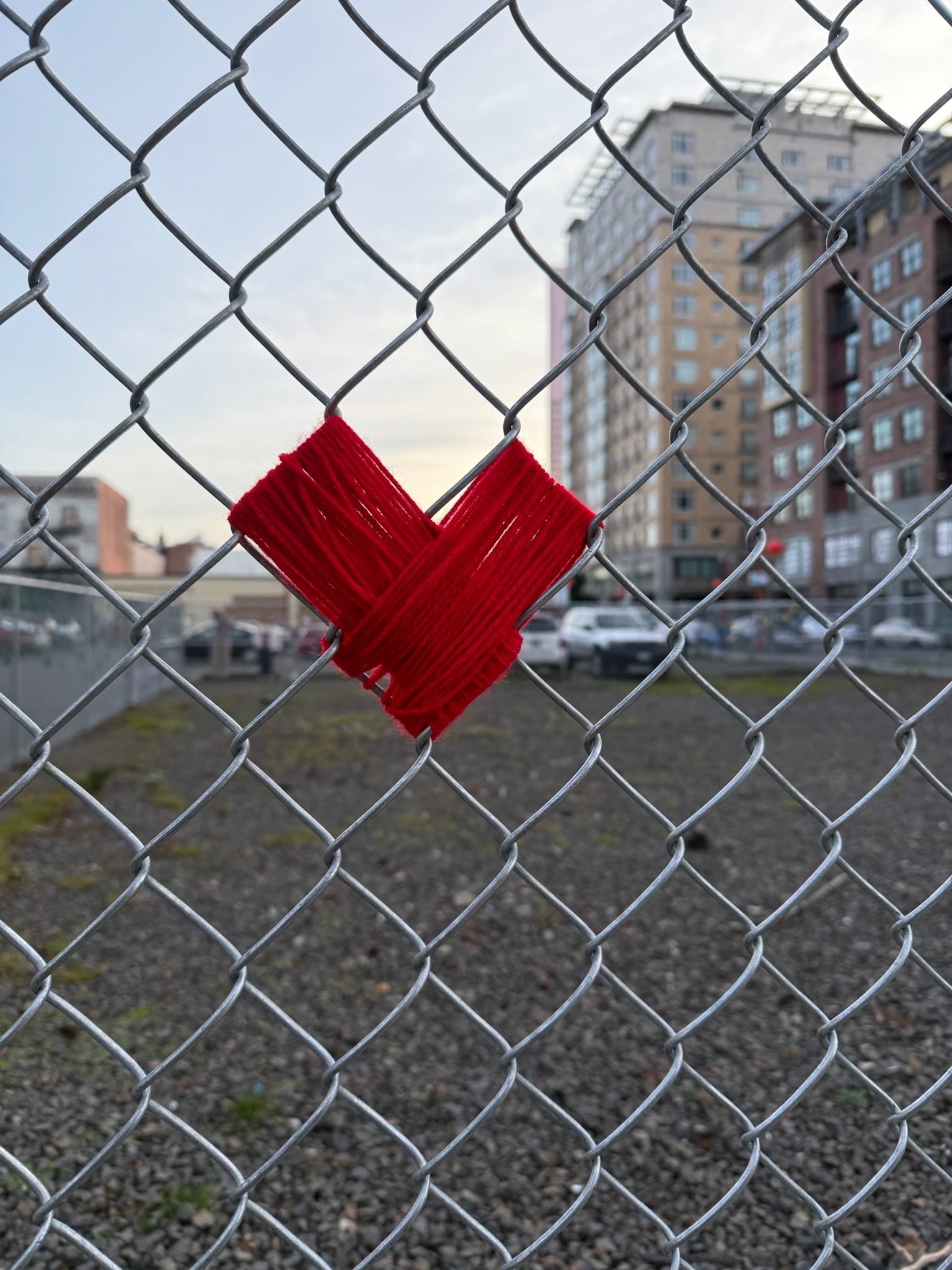 Woven heart in chain link fence
