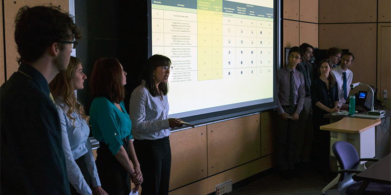 Seven students presenting in front of classroom
