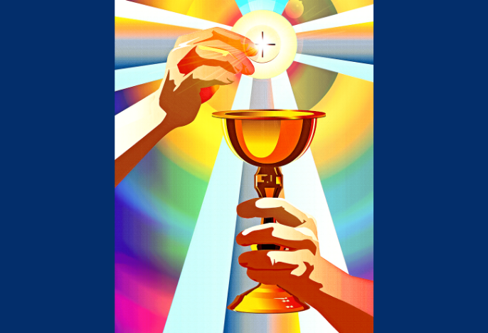 hand with eucharist cup and rainbow