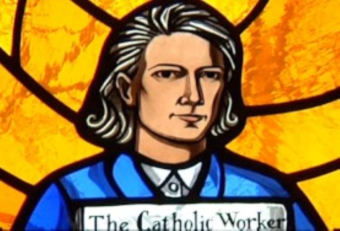 stained glass image of dorothy day holding catholic worker