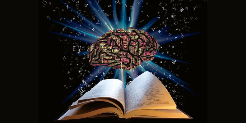 bible with brain made of words