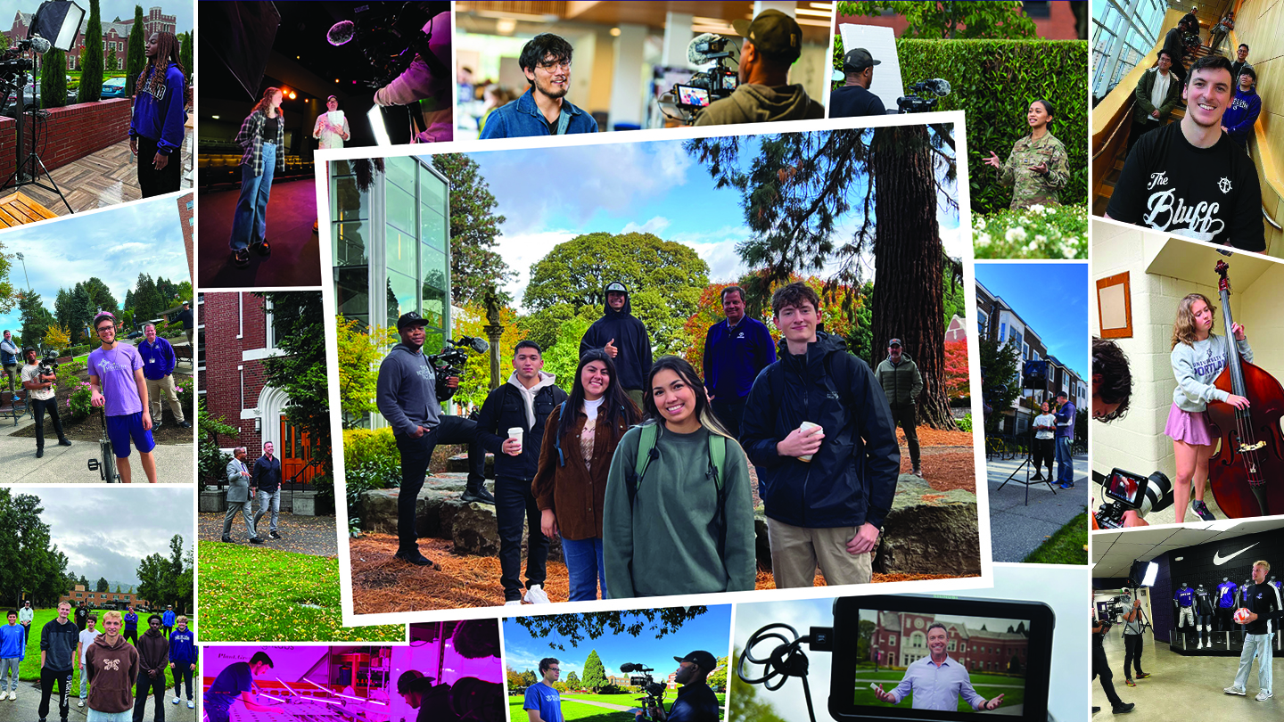 A photo collage style image of behind the scenes pictures from the filming of the College Tour episode.