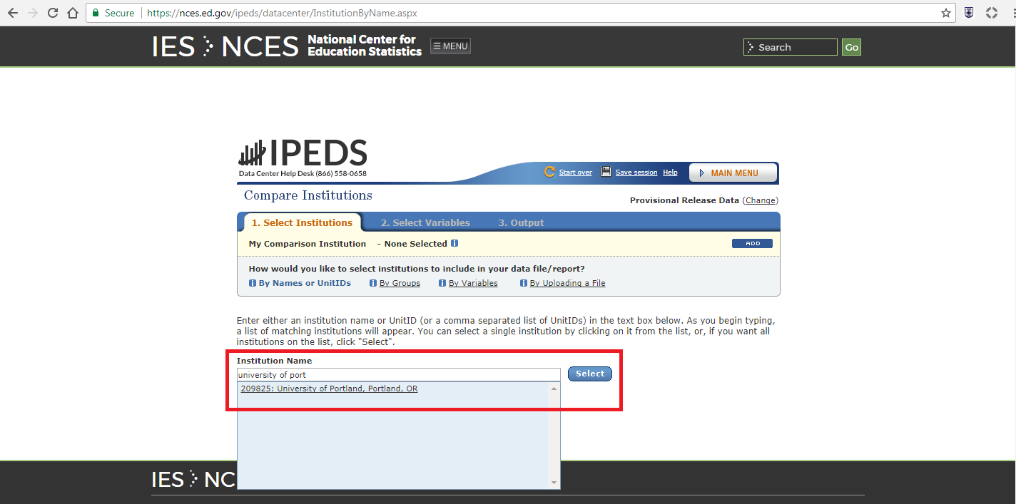 Screenshot of IPEDS interface