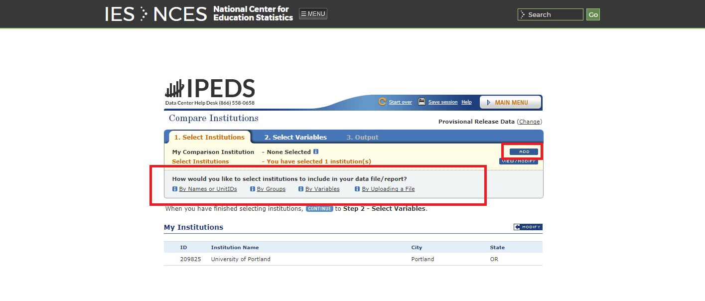 Screenshot of IPEDS interface