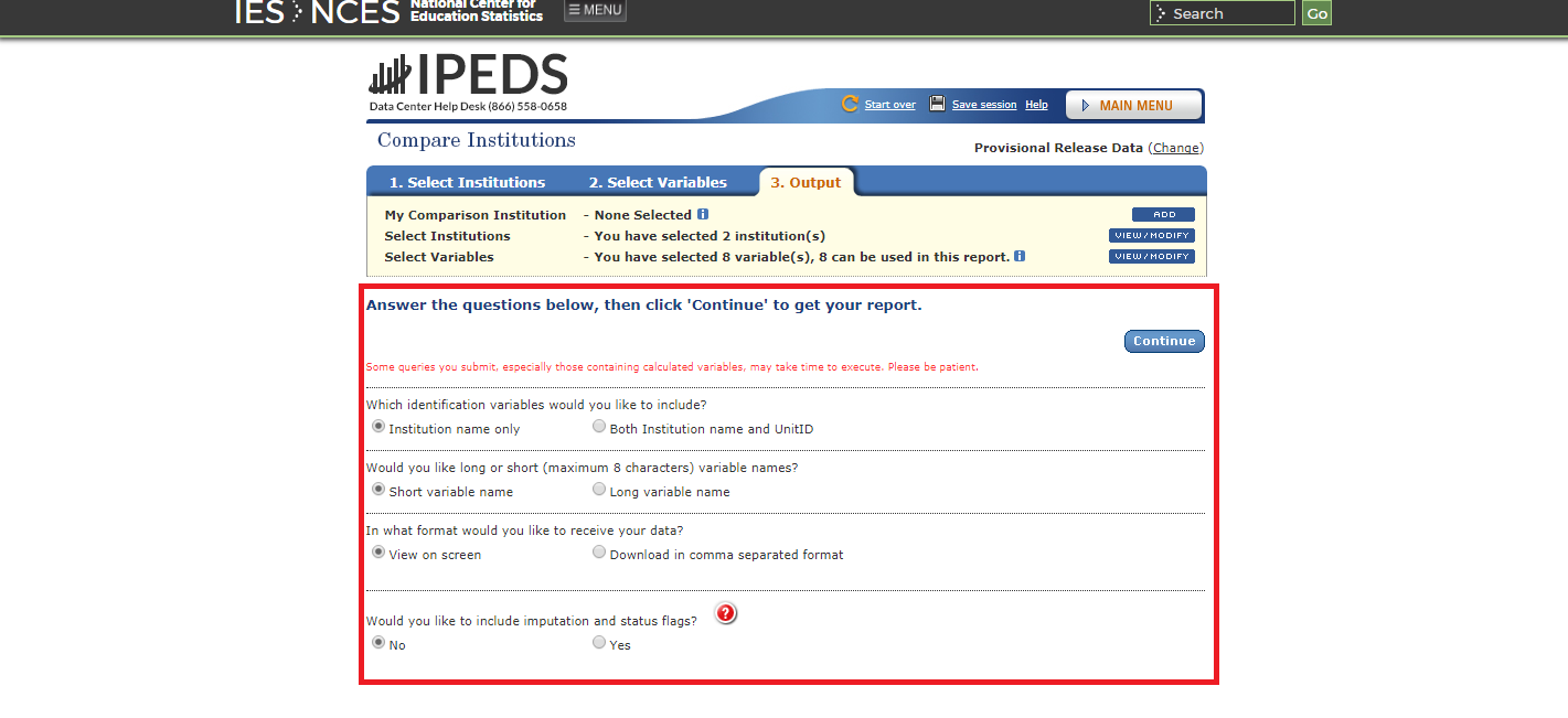 Screenshot of IPEDS interface