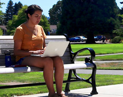 Image of student on a bench with a laptop