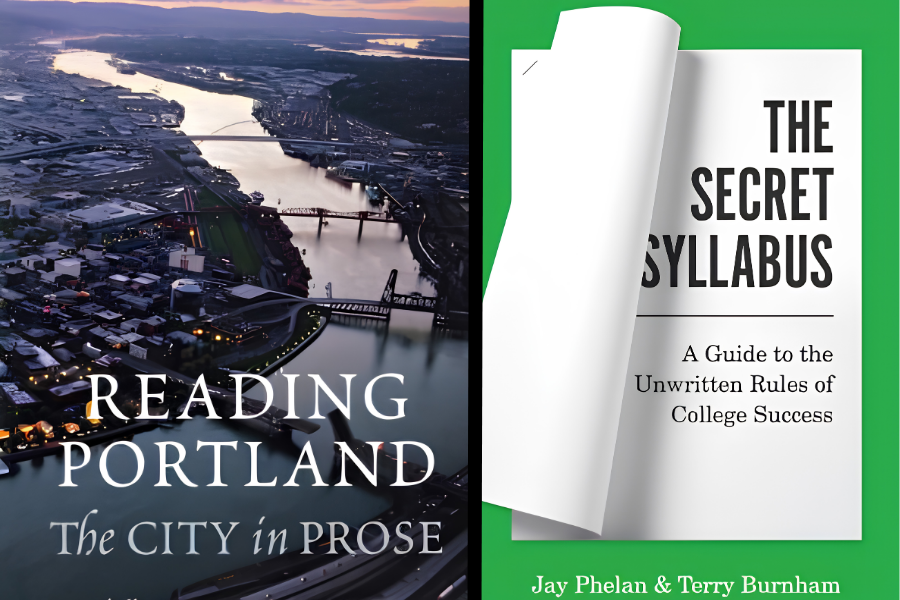 Book covers for "Reading Portland" and "The Secret Syllabus"