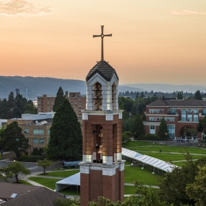 Aerial view of the bell tower at sunset